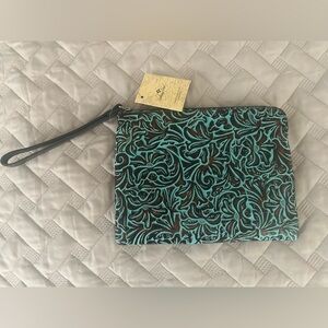 Patricia Nash Chic Brownish Black and Turquoise Textured Leather Clutch